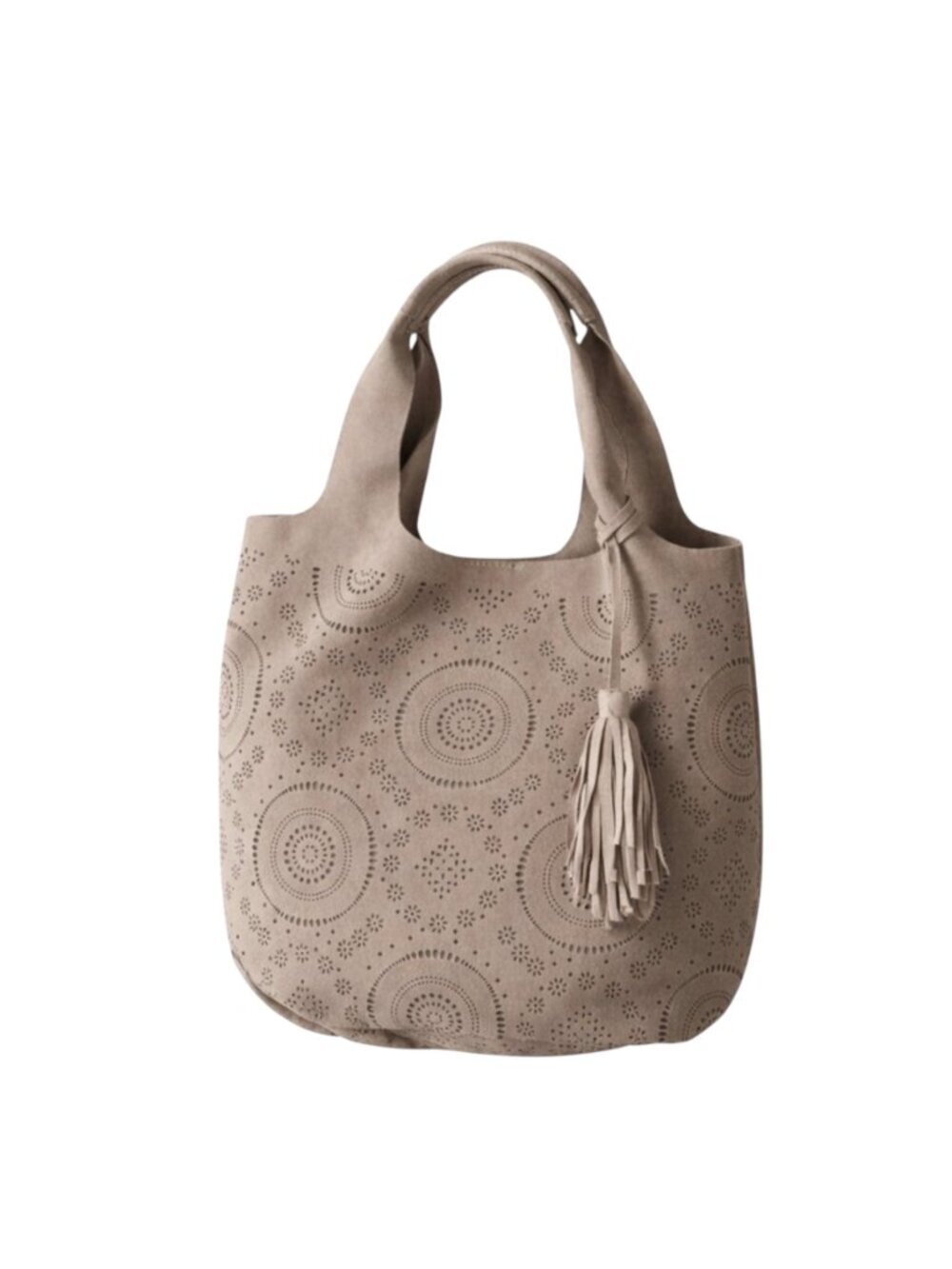 Sundance Delight Laser-Cut Suede Boho Tote Bag in Taupe